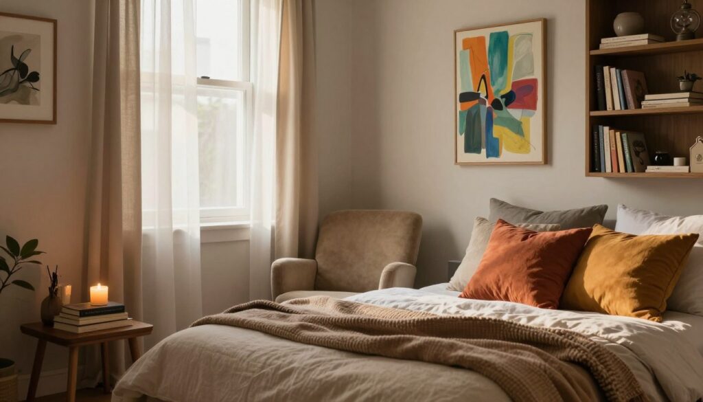 A cozy bedroom reflecting personal identity and warmth, featuring a stylishly made bed adorned with colorful, textured pillows and a soft throw blanket. A unique art piece, perhaps a vibrant abstract painting, hangs on the wall, combining various colors that express individuality. In the foreground, a small wooden nightstand holds a stack of well-loved books and a gently flickering candle. In the middle, a plush armchair invites relaxation, placed next to a large window with sheer curtains allowing soft, diffused sunlight to stream in, casting gentle shadows. In the background, a bookshelf filled with personal treasures and mementos adds character. The overall mood is serene and inviting, with warm tones and a comfortable atmosphere, using natural light to create a peaceful sanctuary.