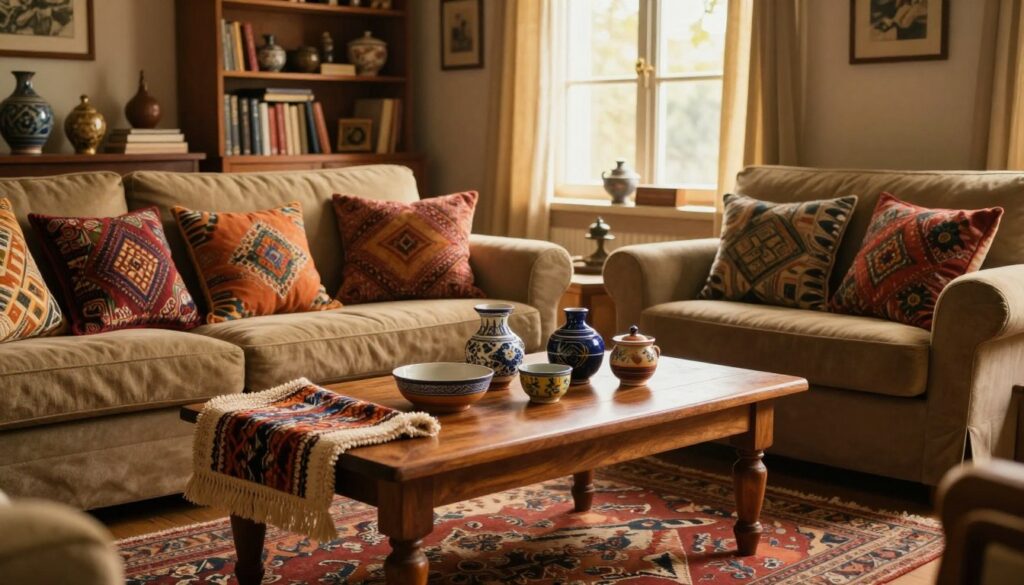 A cozy living room scene, filled with personal and cultural memorabilia. In the foreground, a beautifully crafted wooden coffee table adorned with colorful handmade ceramics and a soft, patterned woven throw. The middle features a plush sofa layered with cushions in vibrant fabrics reflecting local artistry. A vintage bookshelf holds cherished books and trinkets representing family memories. In the background, a large window allows warm, golden sunlight to stream in, illuminating the rich textures of a handwoven rug on the floor. The soft glow creates an inviting atmosphere, emphasizing warmth, personalization, and cultural connection. The overall mood is tranquil and nostalgic, perfect for a snug home environment.