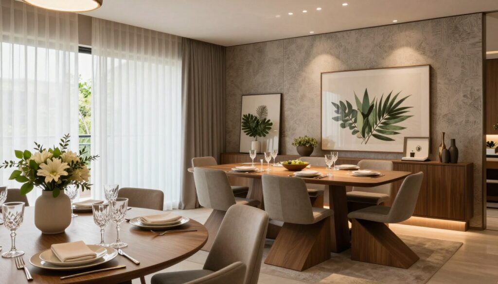 a stylish modern dining room showcasing the latest trends for 2026 in brazil. foreground features a beautifully set dining table with elegant dinnerware, crystal glasses, and a minimalistic floral centerpiece. in the middle, a sleek wooden table surrounded by contemporary chairs with geometric designs, all subtly illuminated by warm, ambient lighting. in the background, large windows with sheer curtains allow natural light to fill the space, highlighting textured wallpaper and decorative artwork. the room exudes a harmonious blend of comfort and sophistication, with a soft color palette of browns and greens. capture this inviting atmosphere with a wide-angle shot, emphasizing the open layout and modern decor, creating a sense of tranquility and elegance. - ambiente com estilo A stylish modern dining room showcasing the latest trends for 2026 in Brazil. Foreground features a beautifully set dining table with elegant dinnerware, crystal glasses, and a minimalistic floral centerpiece. In the middle, a sleek wooden table surrounded by contemporary chairs with geometric designs, all subtly illuminated by warm, ambient lighting. In the background, large windows with sheer curtains allow natural light to fill the space, highlighting textured wallpaper and decorative artwork. The room exudes a harmonious blend of comfort and sophistication, with a soft color palette of browns and greens. Capture this inviting atmosphere with a wide-angle shot, emphasizing the open layout and modern decor, creating a sense of tranquility and elegance.
