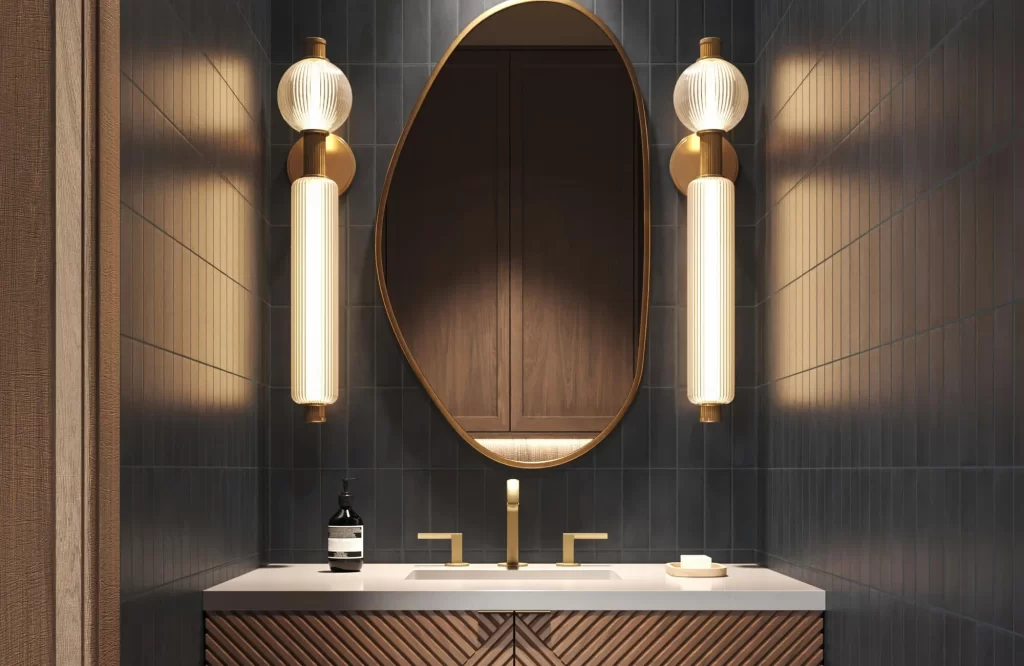 a small, elegant lavabo design situated in a compact yet stylish bathroom setting, showcasing intelligent use of space. the foreground features a sleek, modern sink with polished chrome fixtures, resting on a minimalist vanity with ample storage. in the middle, delicate accent lighting highlights the intricate tile work around the sink, casting soft shadows that enhance the overall ambiance. the background includes a framed mirror reflecting tasteful decor elements, such as potted plants and neatly arranged toiletries. the scene is bathed in natural light streaming through a frosted window, creating a warm, inviting atmosphere. the overall mood is sophisticated yet functional, embodying the perfect blend of practicality and aesthetic appeal in small bathroom designs. - ambiente com estilo lavabos