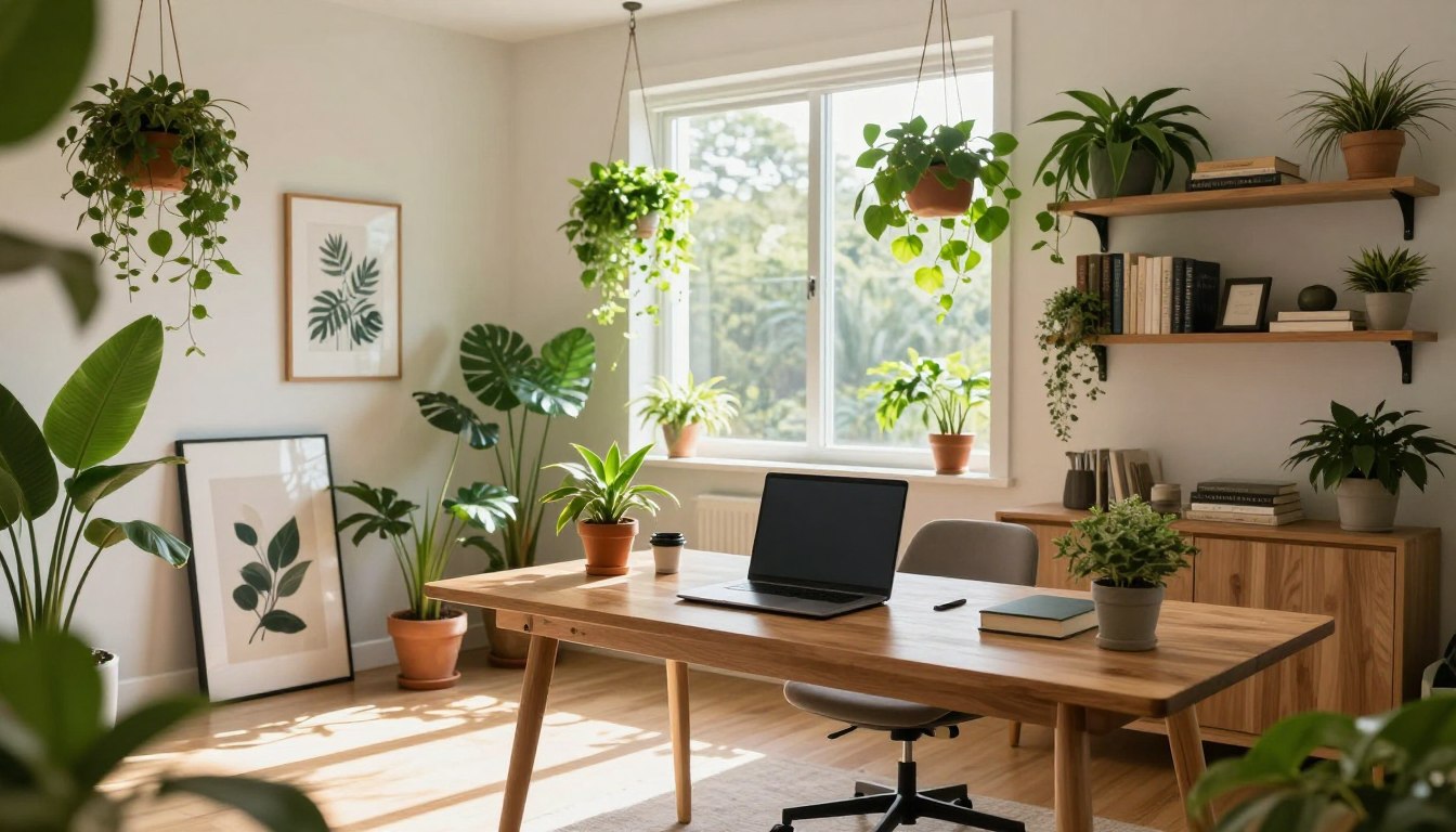 Decoração biofílica no home office: plantas e luz