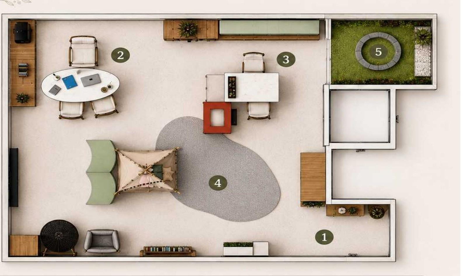 Top-down floor plan showing a modern open living space with five labeled zones: 1 entry/desk area, 2 round dining table, 3 work desk, 4 curved rug and seating area, 5 small garden with circular seating.