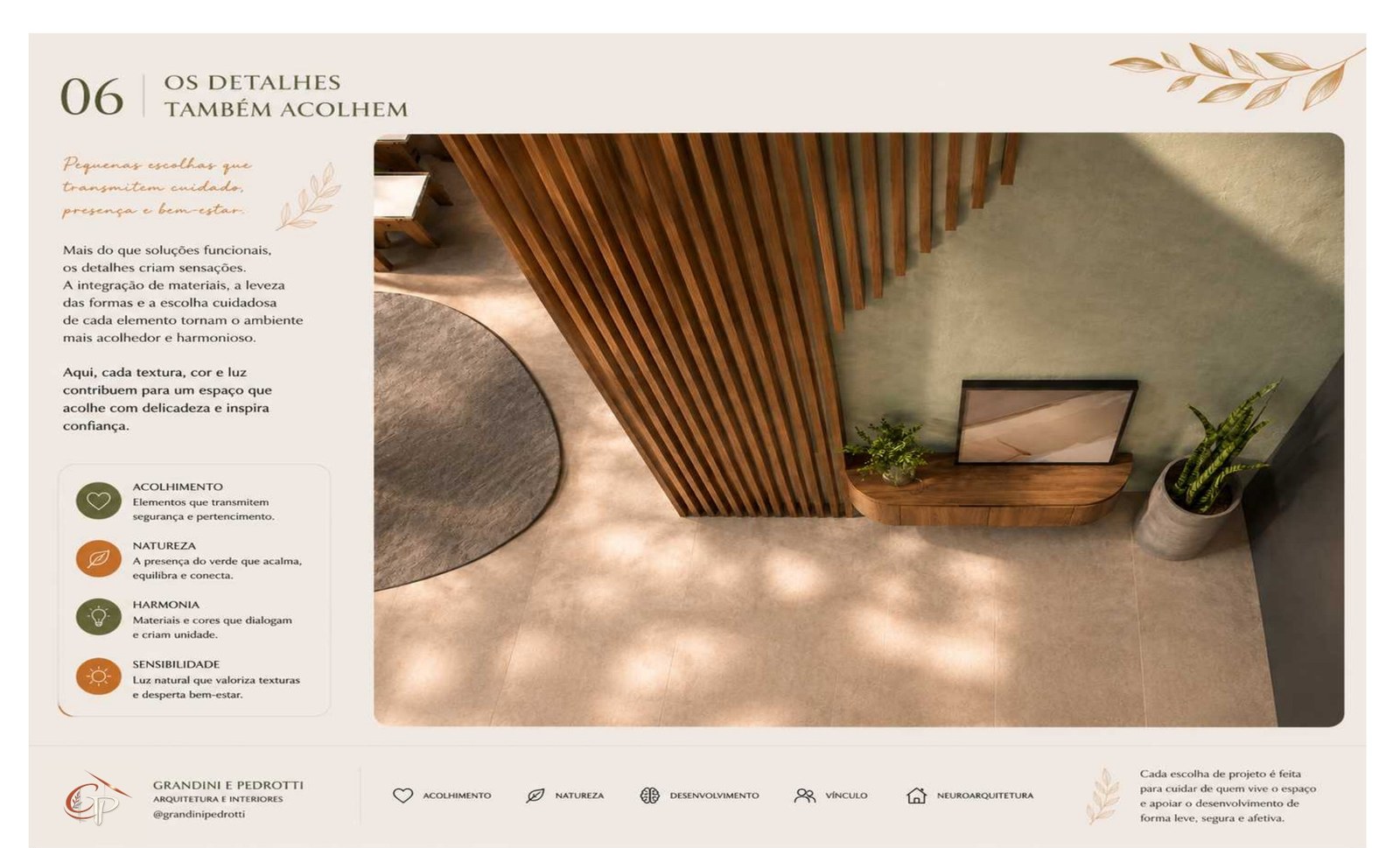Prancha de detalhes, mostrando textura de madeira, iluminação indireta e vegetação