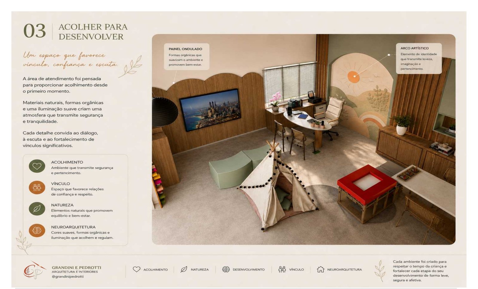 Perspectiva do ambiente de atendimento, com painel ondulado em madeira e mural artístico